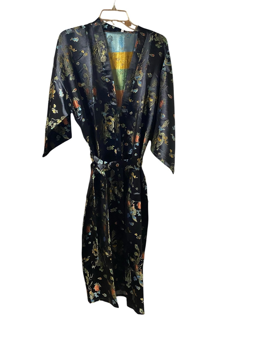 Black Gold satin kimono robe traditional Asian dragon embroidery Boho Whimsical - Picture 8 of 14